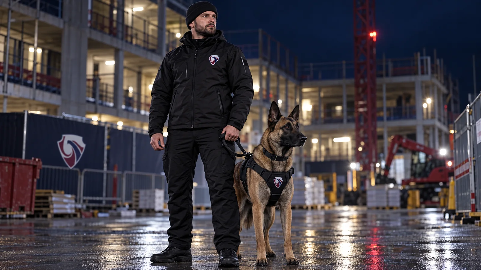 Security dog handler and German Shepherd patrolling a construction site at night