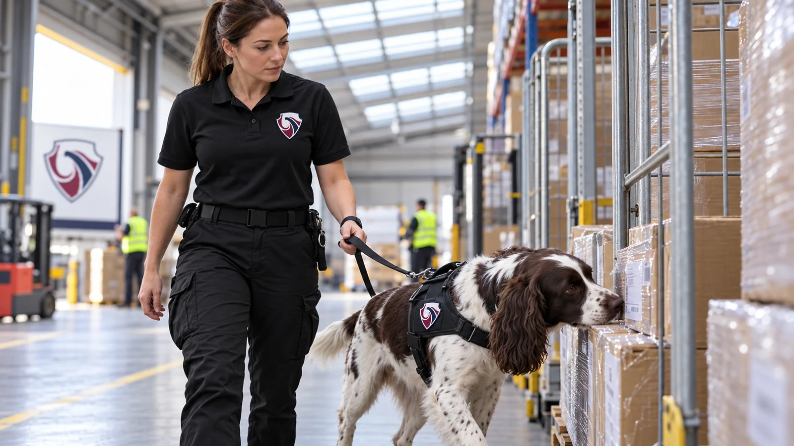 Detection dog handler and spaniel searching parcels in a warehouse