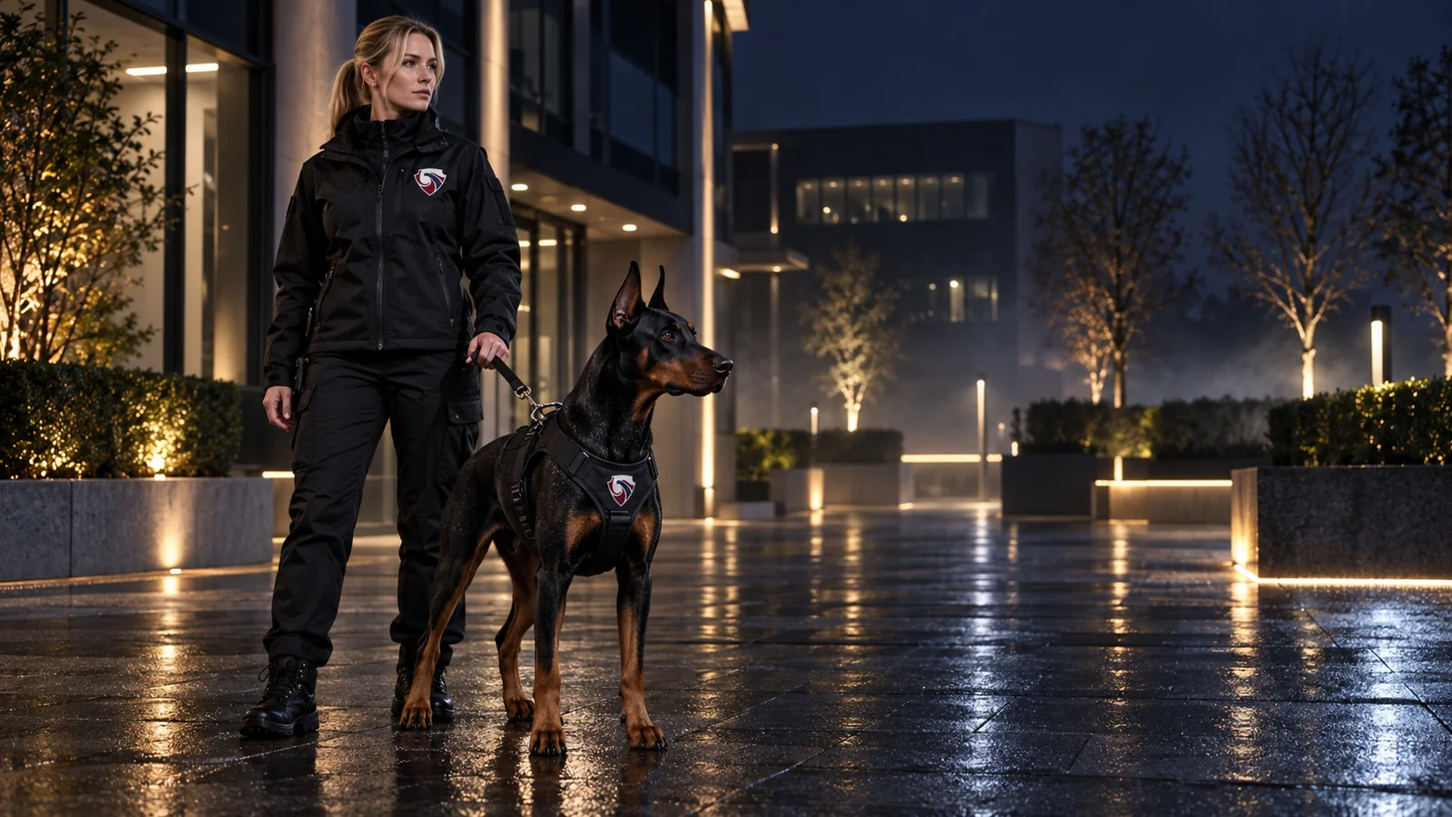 Security dog handler and Doberman standing alert outside a corporate building