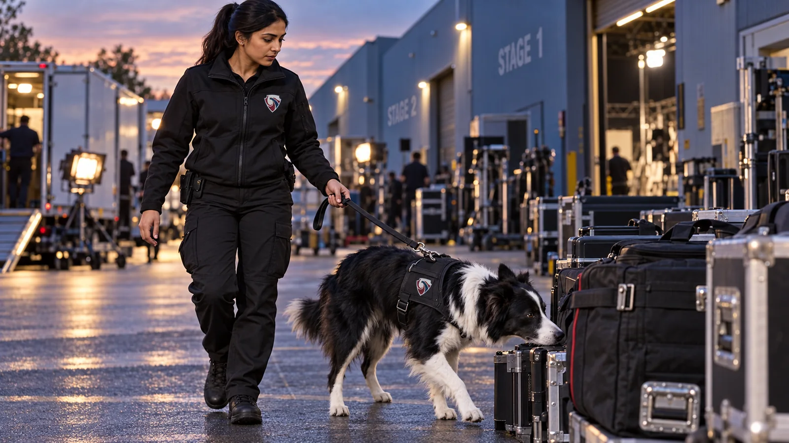 Detection dog handler and Border Collie searching production equipment at a film studio