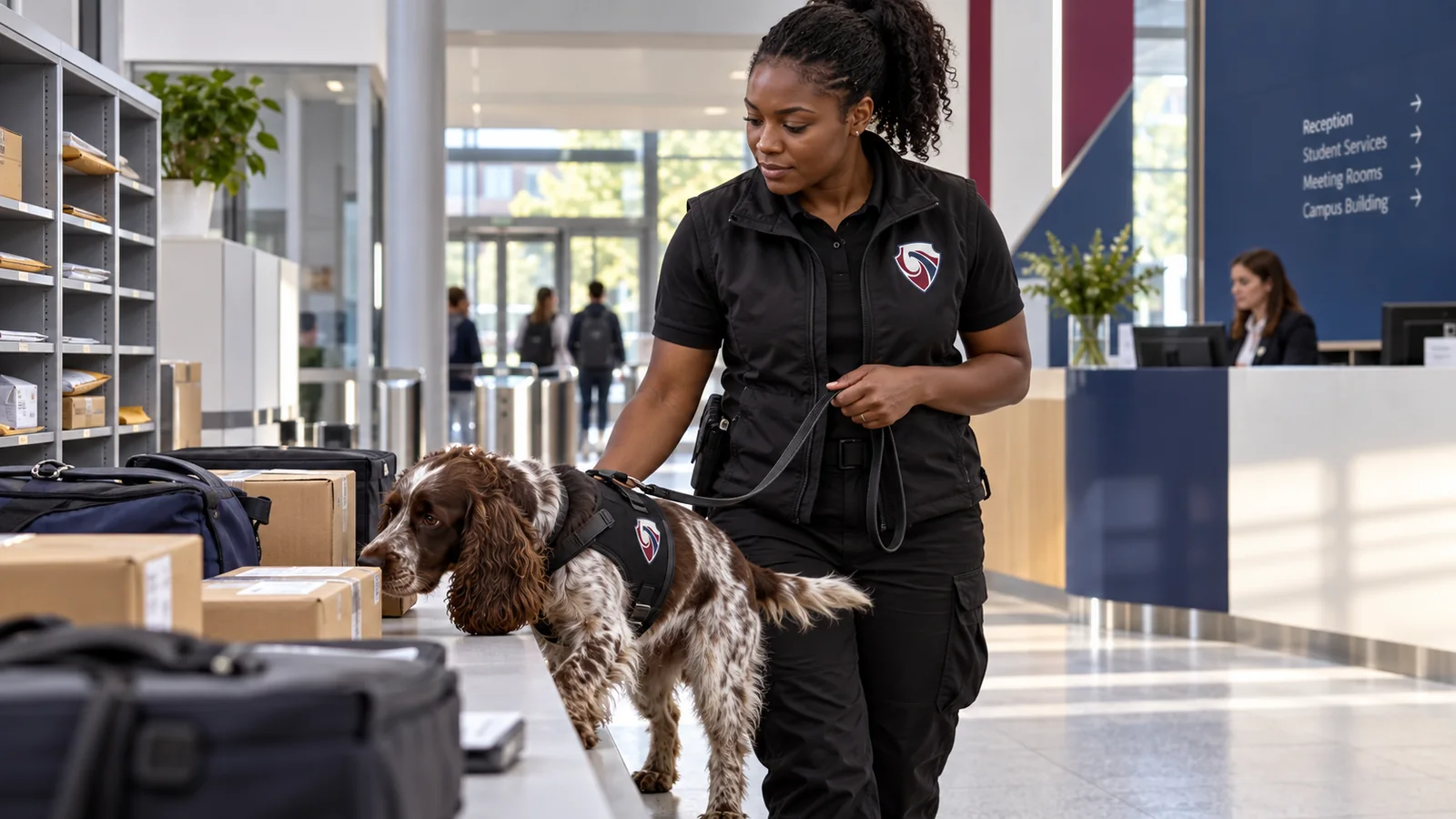 Detection dog handler and spaniel checking parcels at a campus reception