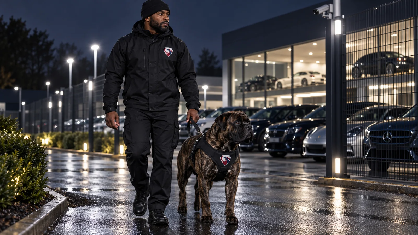 Security dog handler and mastiff patrolling a vehicle storage compound at night