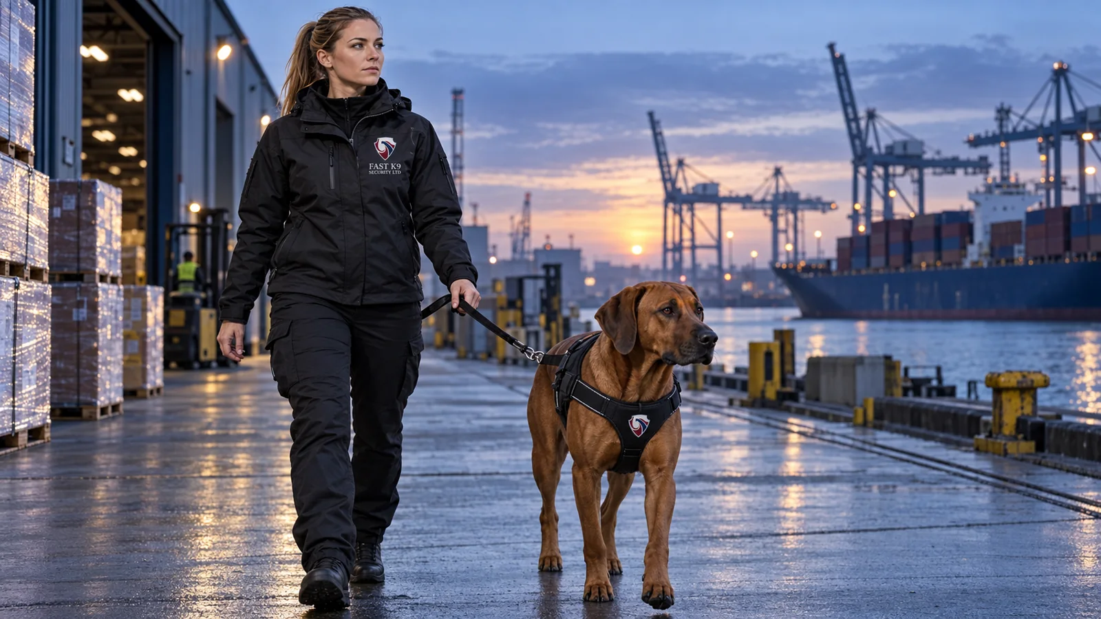 Security dog handler and working dog patrolling a commercial port at dawn