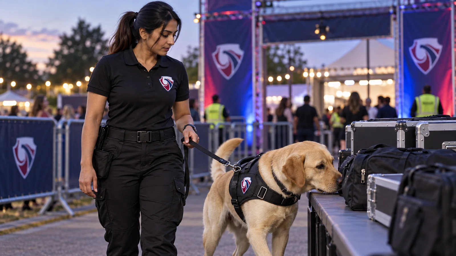 Detection dog handler and Labrador searching event equipment