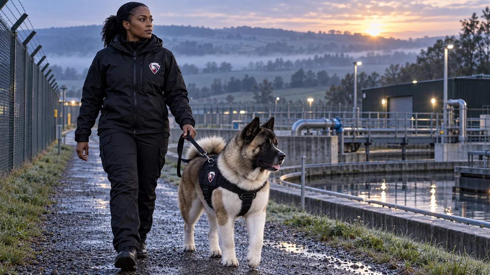 Security dog handler and working dog patrolling a utilities site at dawn