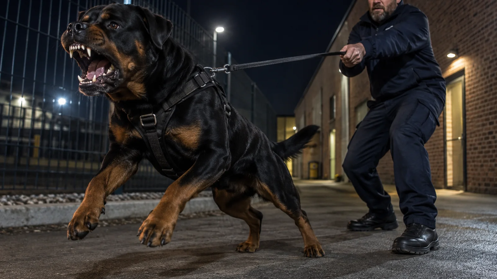 Security dog handler controlling an alert Rottweiler during a night response exercise