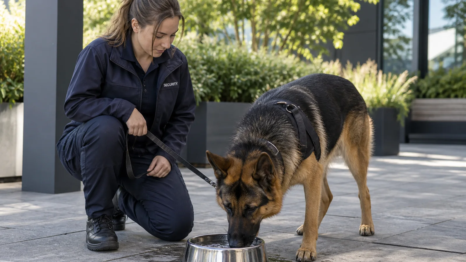 Security dog handler giving a German Shepherd a water break
