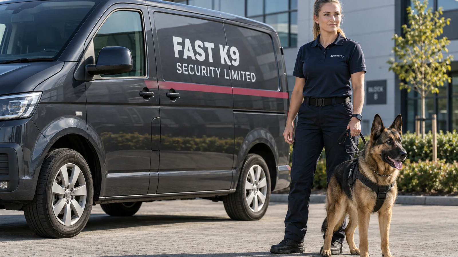 Security dog handler and German Shepherd beside a branded Fast K9 vehicle