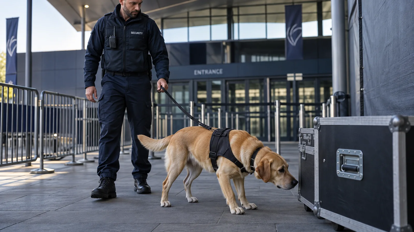 Detection dog handler and Labrador searching an equipment case outside a venue