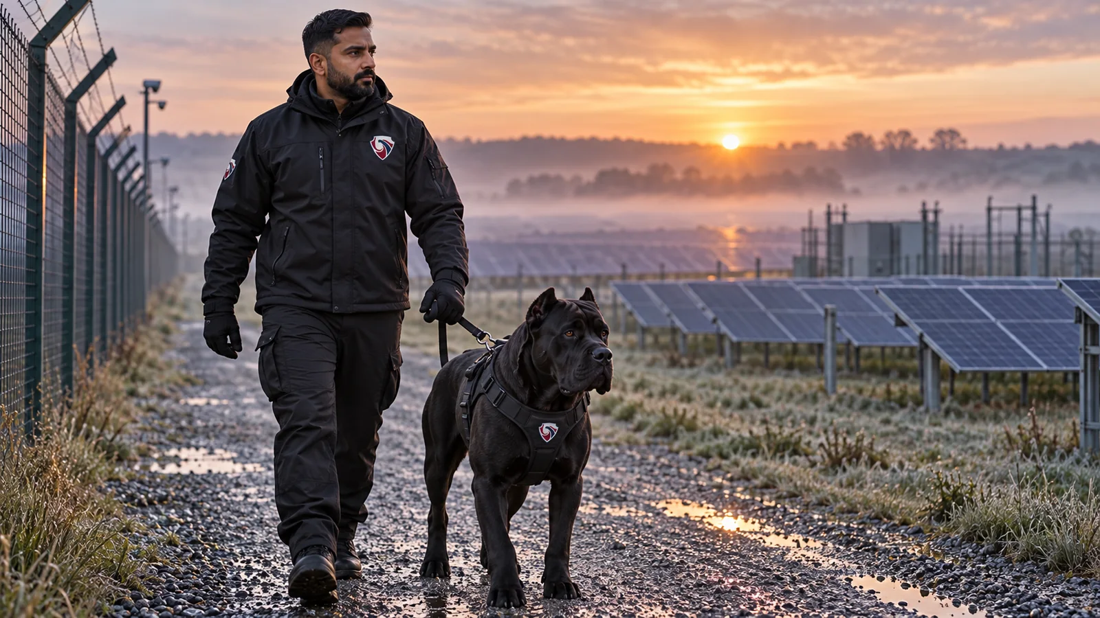 Security dog handler and mastiff patrolling a solar farm at sunrise