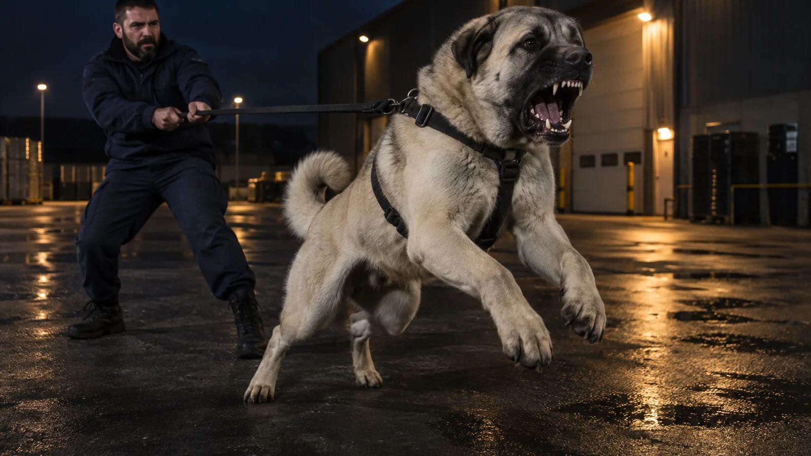 Security dog handler controlling an alert livestock guardian dog during a night exercise