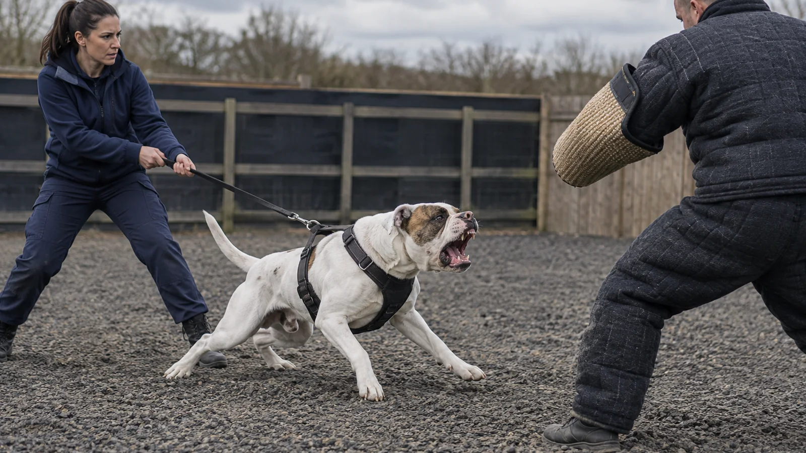 Handler supervising a controlled security dog training exercise