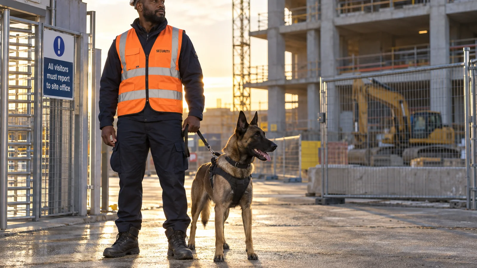 Security dog handler and Malinois guarding a construction site entrance