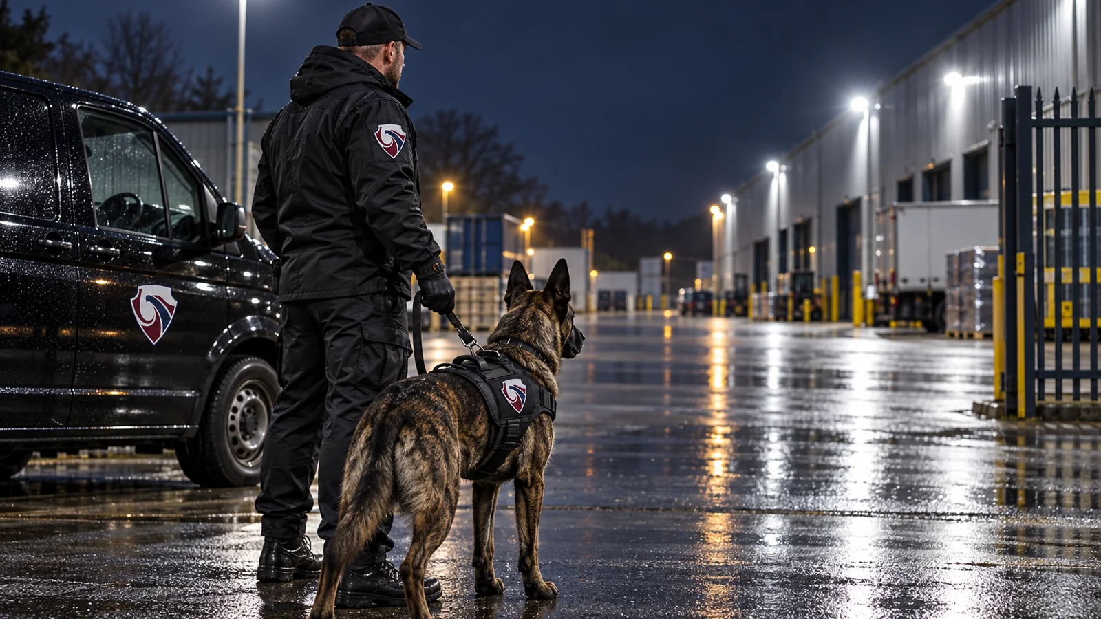 Security dog team surveying a warehouse yard at night