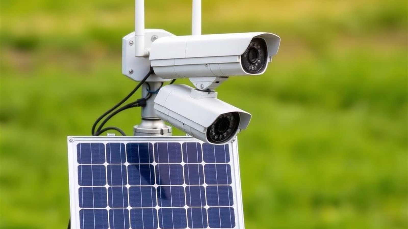 Two wireless CCTV cameras powered by a solar panel at a temporary site