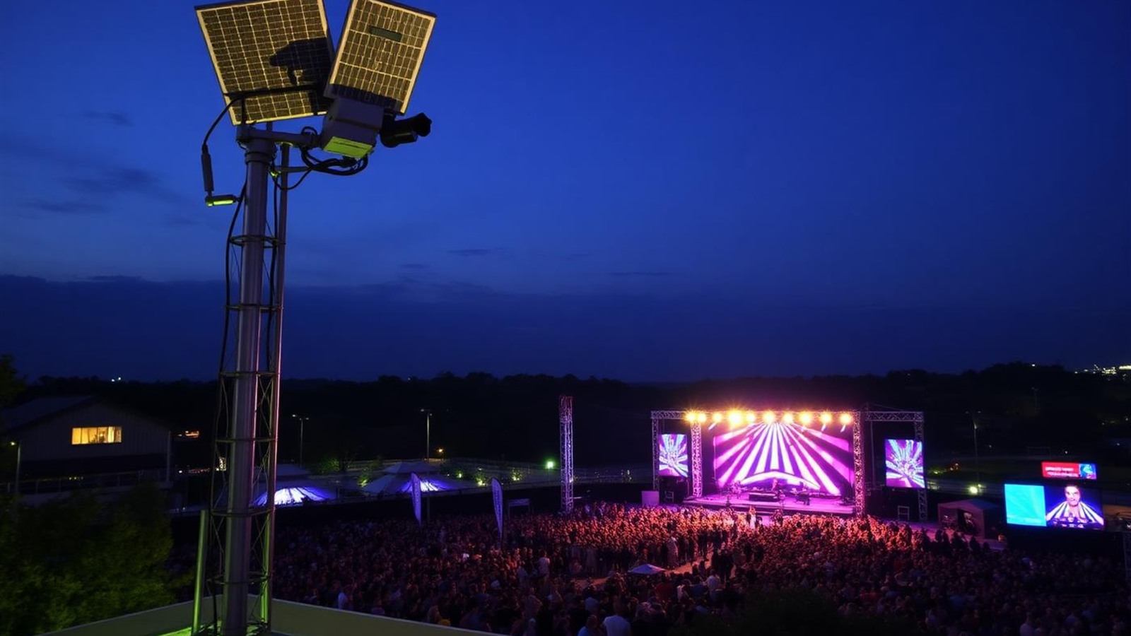 Solar-powered CCTV tower monitoring an outdoor event