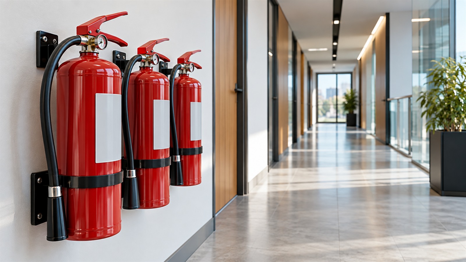 Fire extinguishers professionally installed in a modern workplace