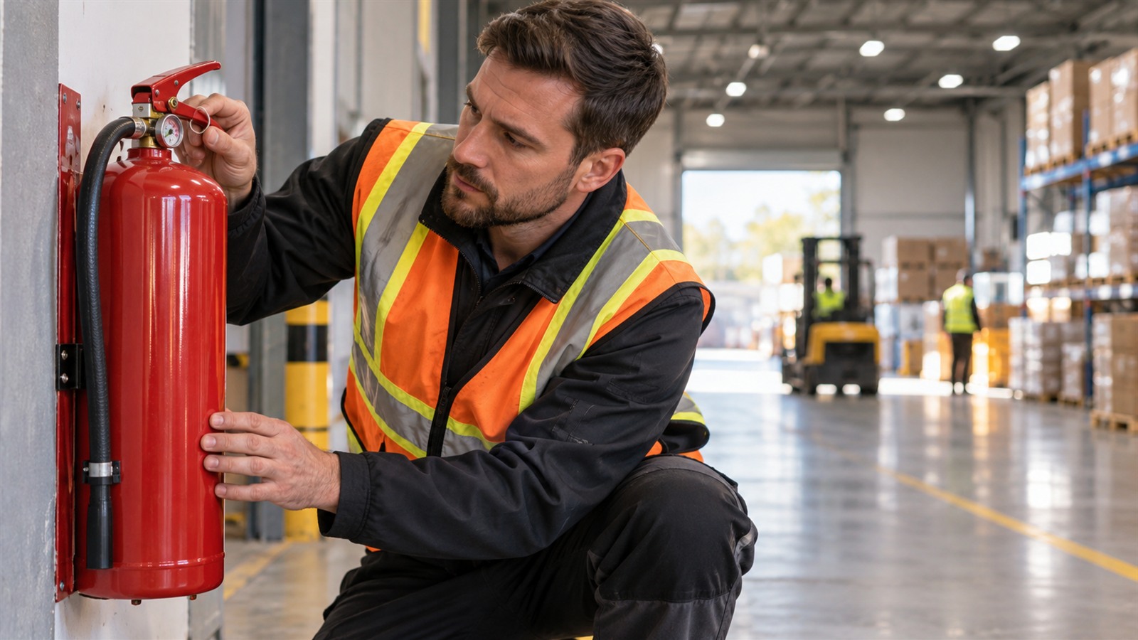 Fire safety technician inspecting a warehouse extinguisher