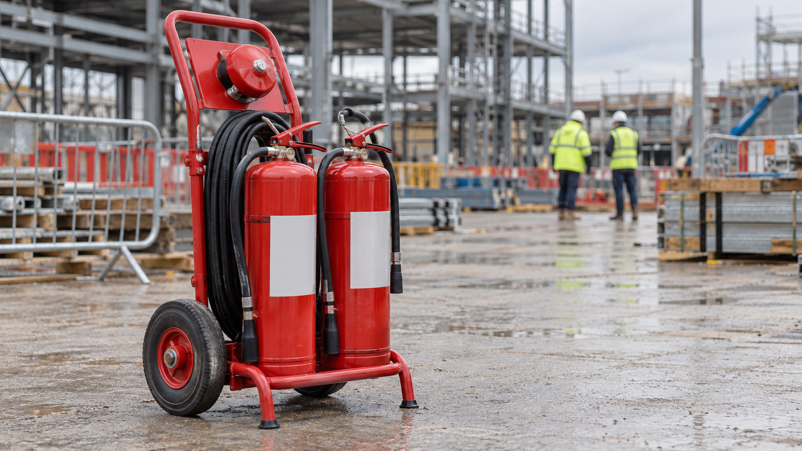 Mobile fire extinguisher trolley for a temporary worksite