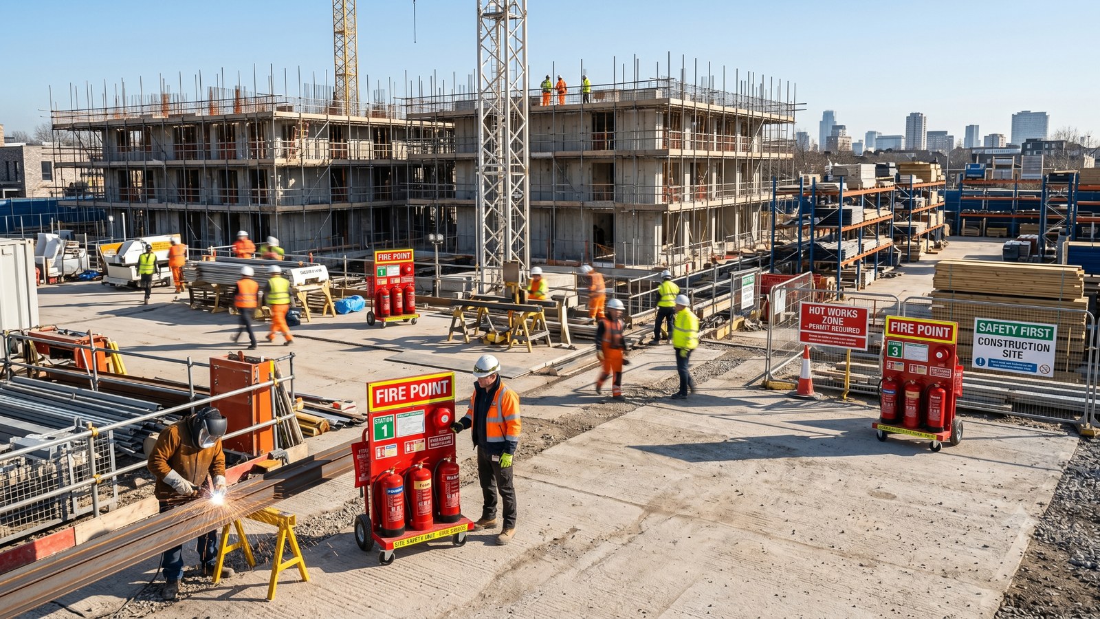 Fire trolley and extinguishers positioned for site safety