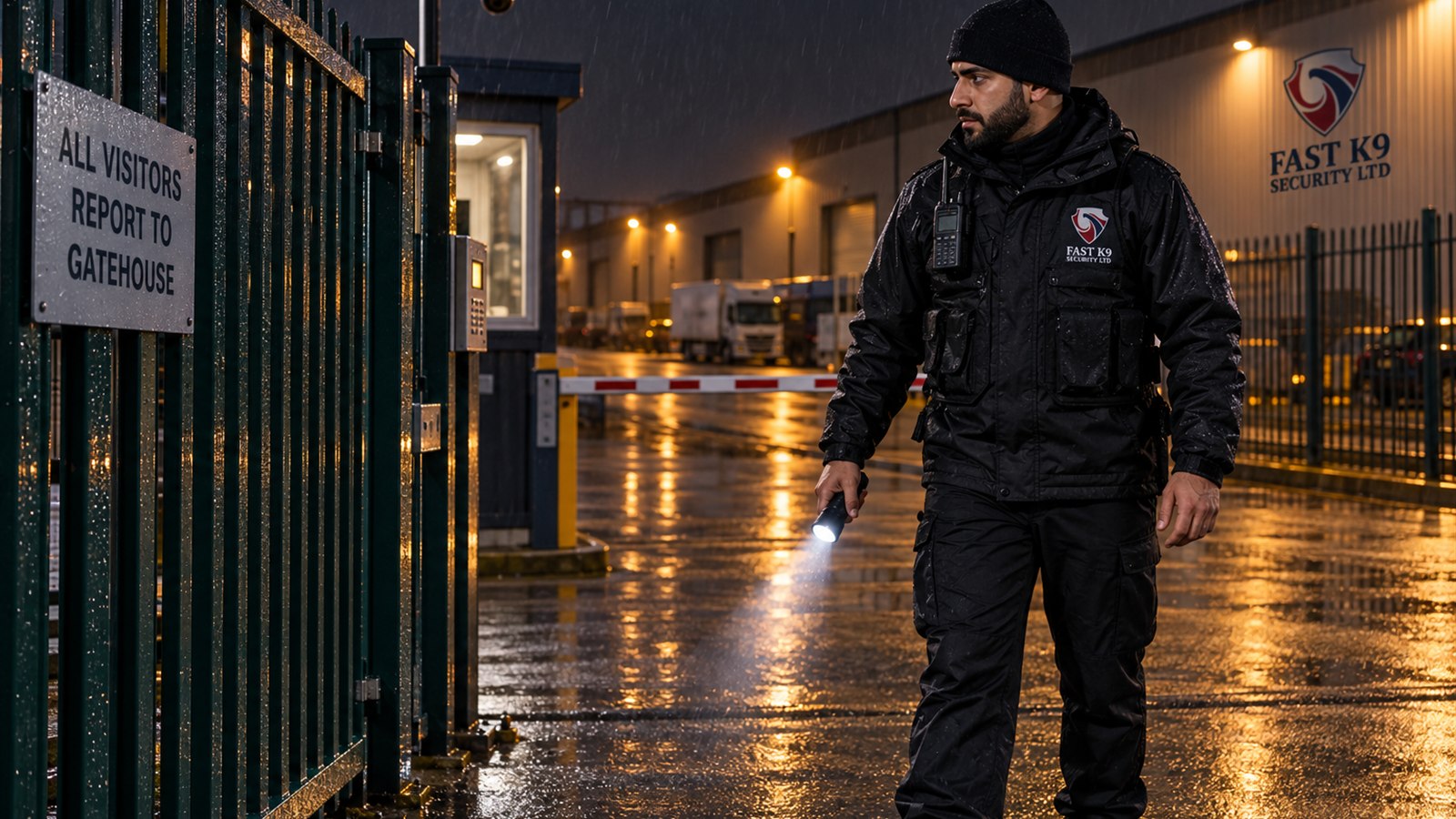 Fast K9 Security Limited officer checking a secure perimeter gate at night