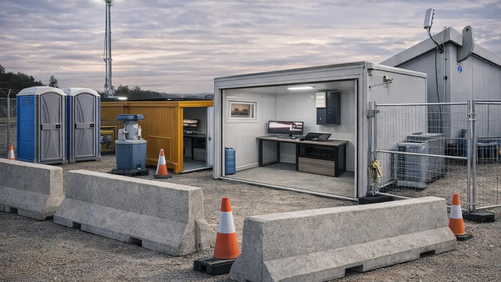 Site support equipment arranged for a secure temporary worksite