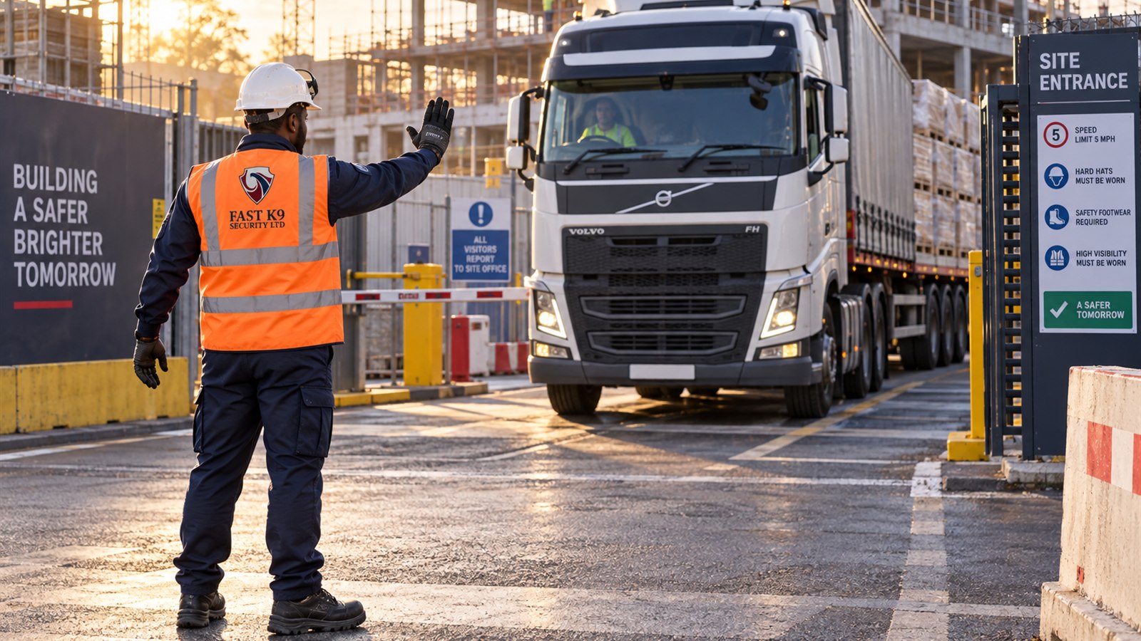 Fast K9 Security Limited traffic marshal guiding a lorry at a construction site entrance