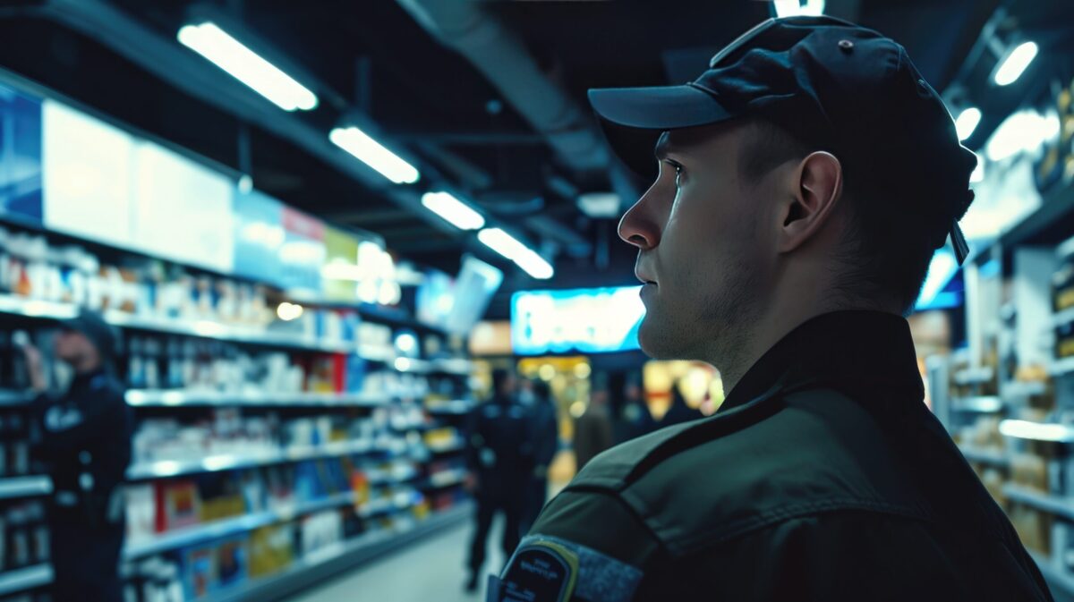 Security guard monitoring CCTV footage of suspicious individuals in a retail store, addressing the growing problem of theft